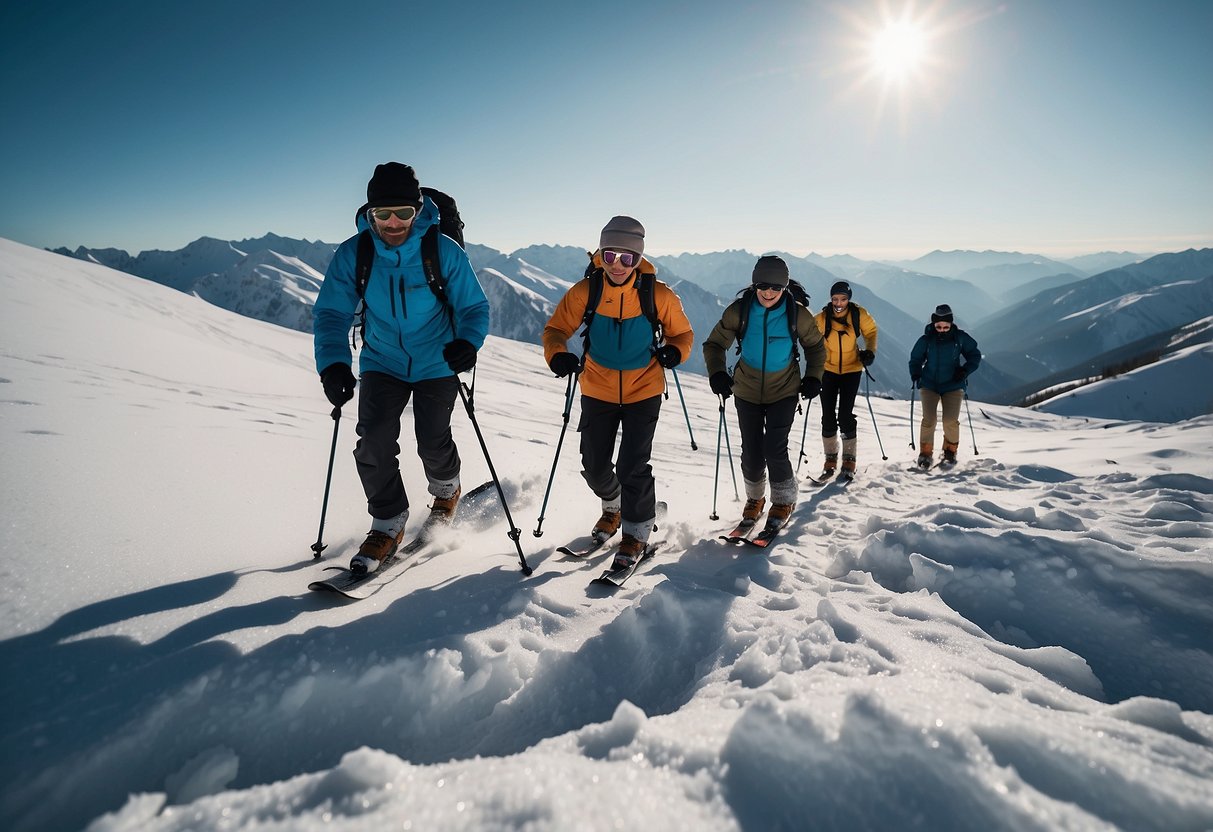 Snowshoers in layered clothing navigate high-altitude terrain. No cotton is worn. Snow-covered mountains loom in the background