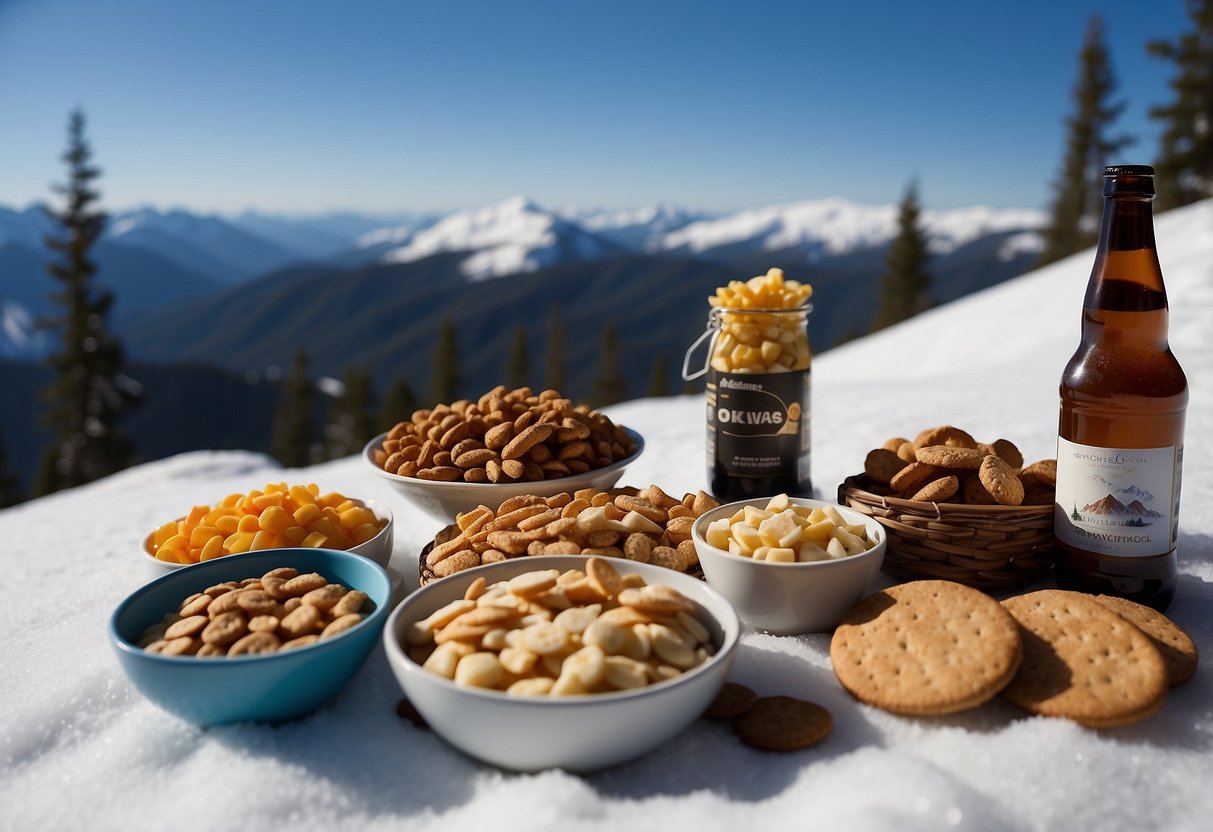 Snowshoes and high-energy snacks laid out on a snowy mountain trail. Altitude signs and clear blue skies in the background