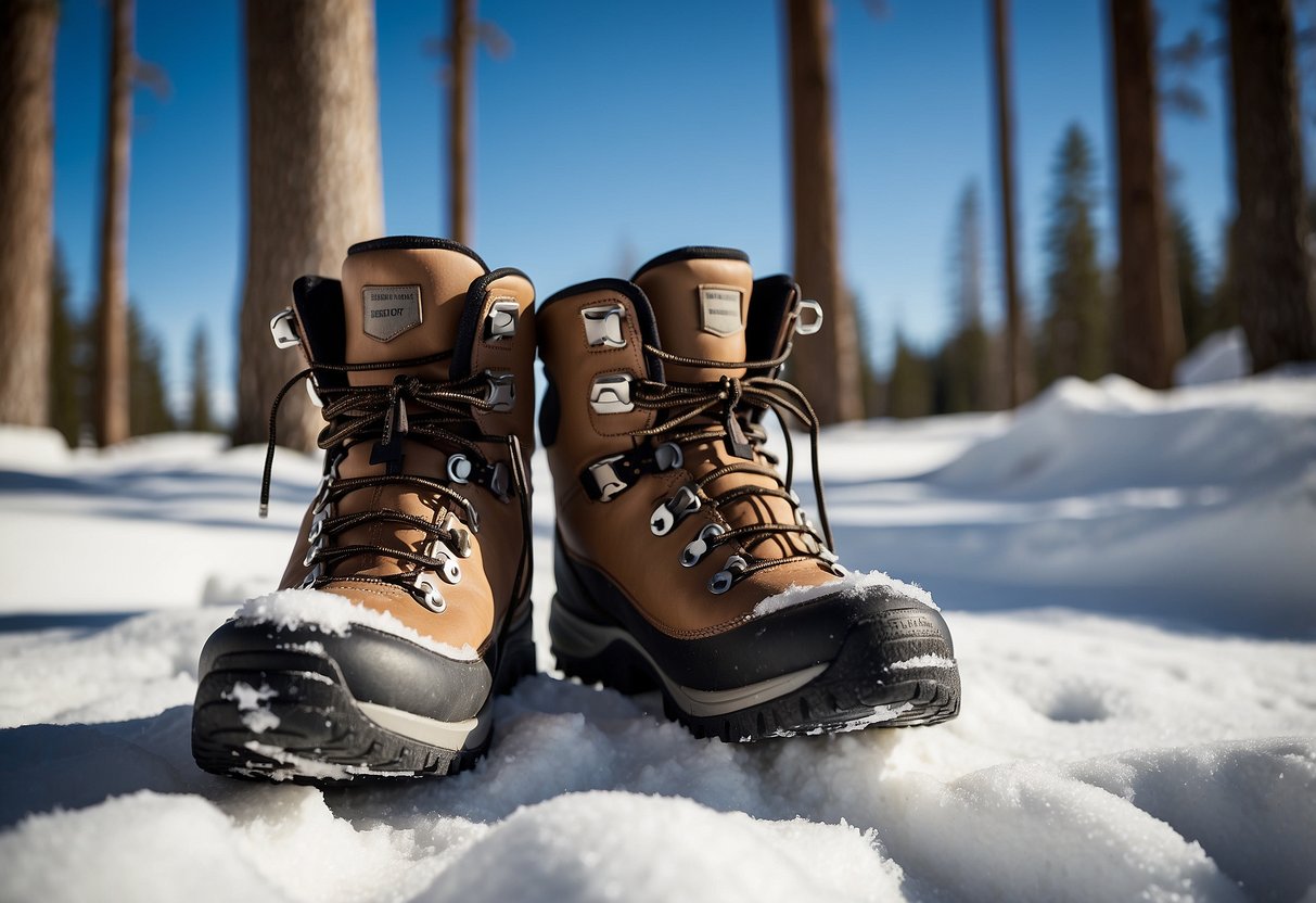 Snowshoeing boots arranged in a snowy landscape, surrounded by pine trees and a clear blue sky. The boots are shown in a comfortable and durable design, with emphasis on insulation and traction