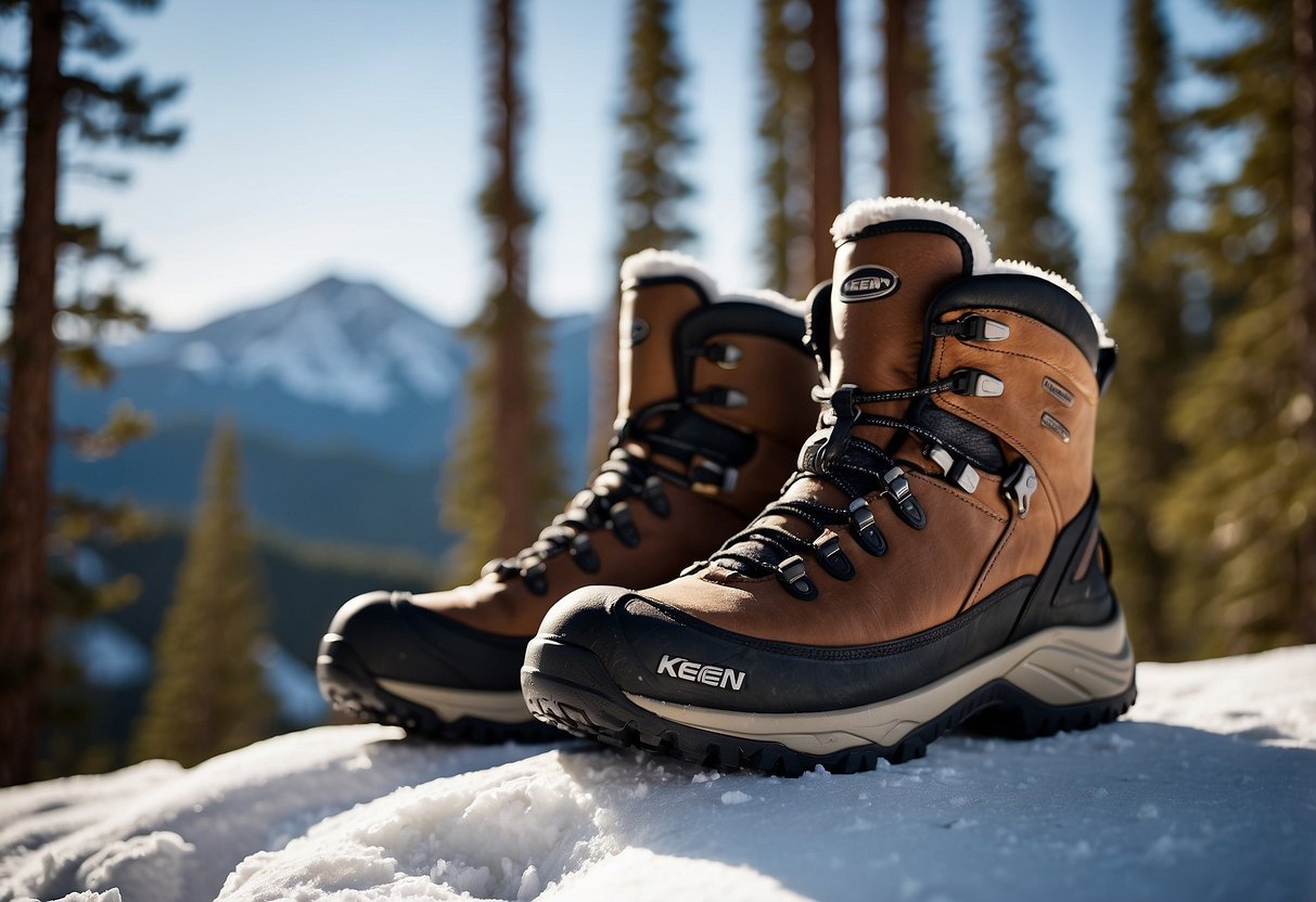 A pair of Keen Targhee High Lace Waterproof snowshoeing boots stand on a snowy trail, surrounded by towering pine trees and a clear blue sky