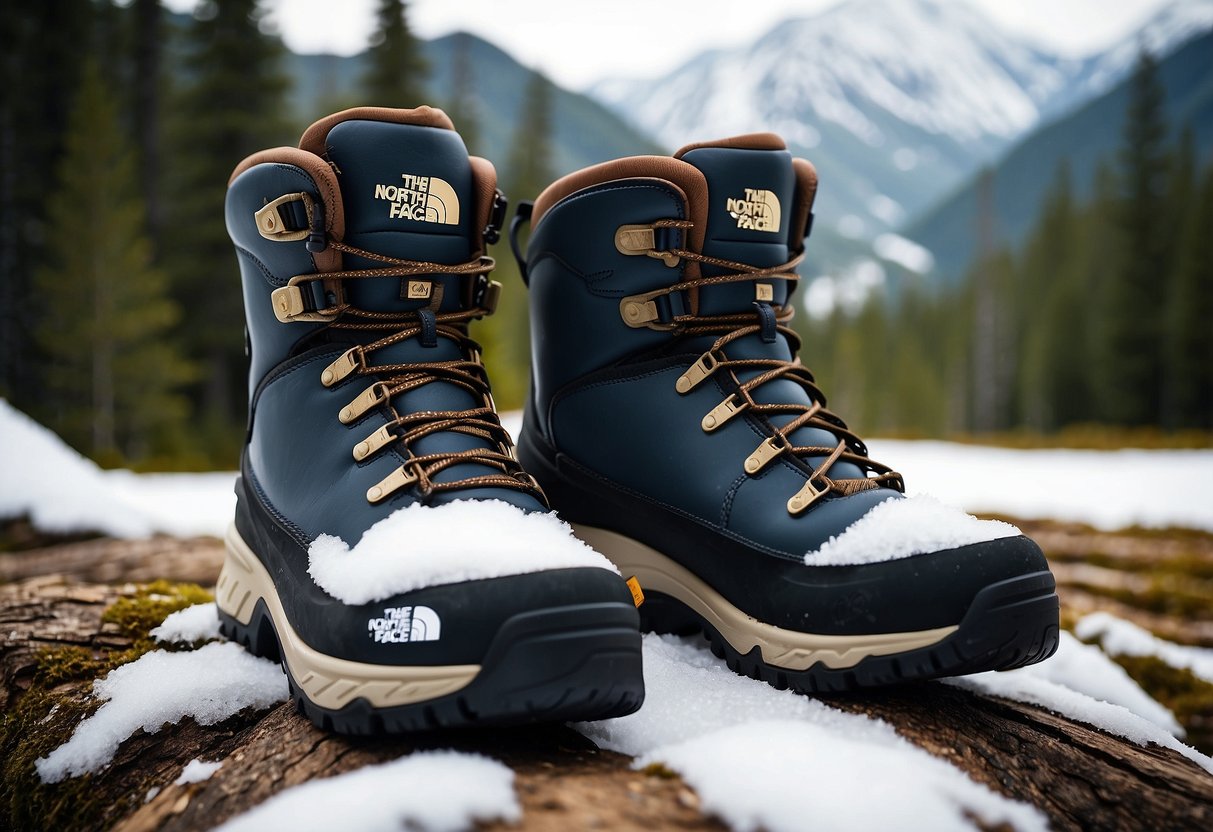 A pair of North Face Chilkat IV snowshoeing boots on a snowy trail, surrounded by pine trees and a mountainous backdrop