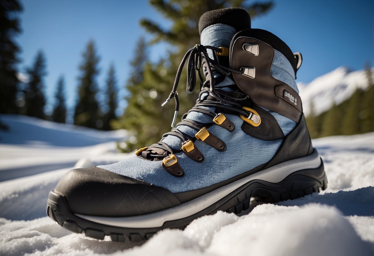 A pair of snowshoeing boots sits on a snowy trail, surrounded by pine trees and a clear blue sky. The boots appear sturdy and comfortable, with thick insulation and supportive ankle cuffs