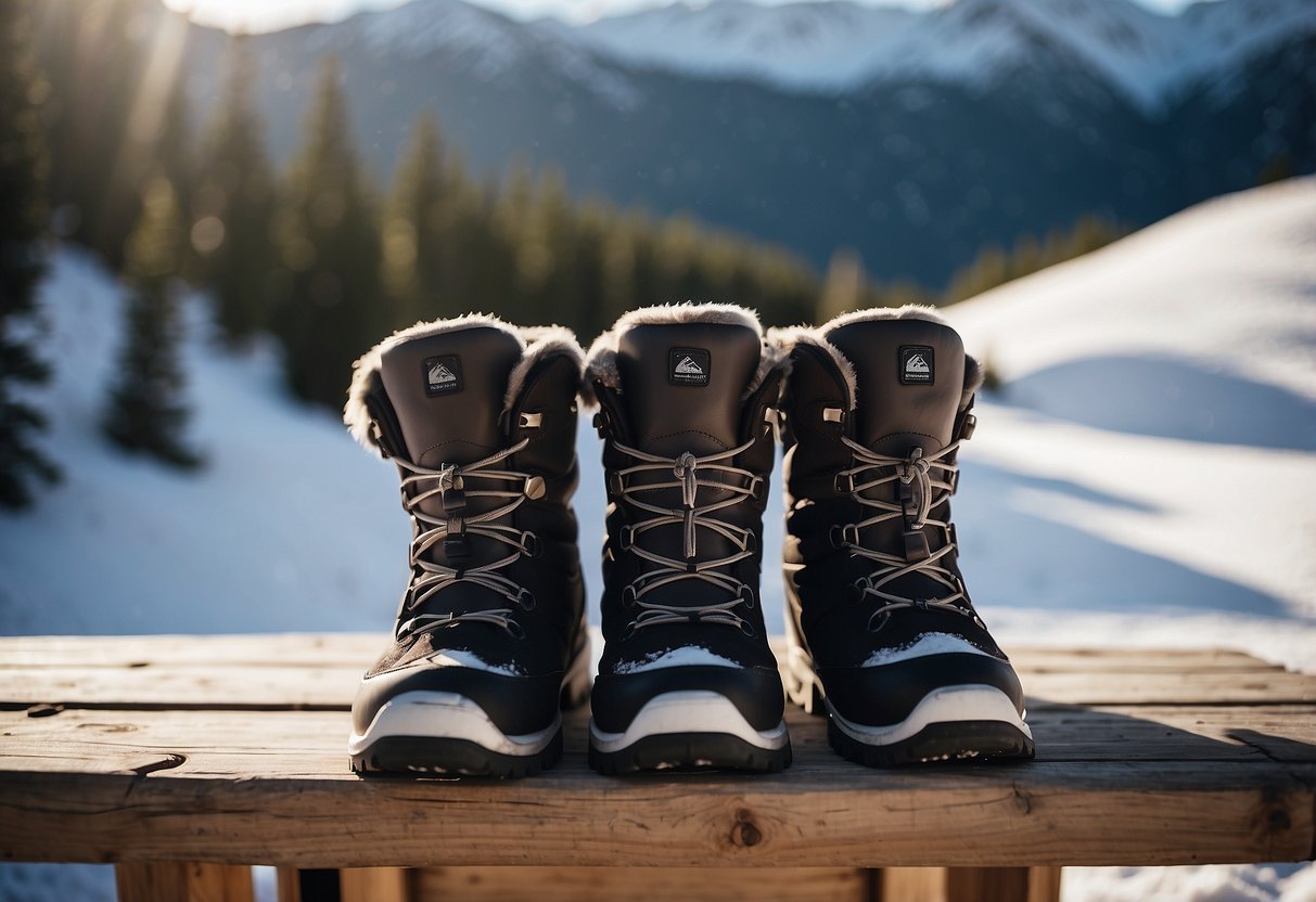 Snowshoeing boots arranged neatly on a wooden bench, with a snowy mountain landscape in the background. The boots are shown in various angles to showcase their comfort and durability