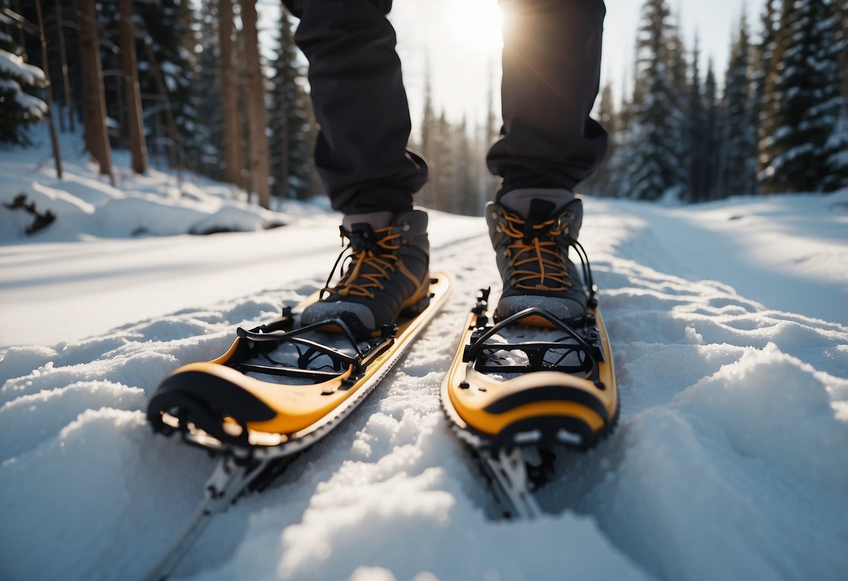 Snowshoes strapped on, poles in hand, navigating snowy terrain. Checking gear, reading map, and assessing weather. Practicing safe techniques for uphill and downhill travel