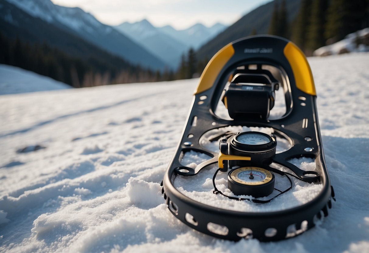 Snowshoes on a snowy trail with a map, compass, and GPS. Trees and mountains in the background