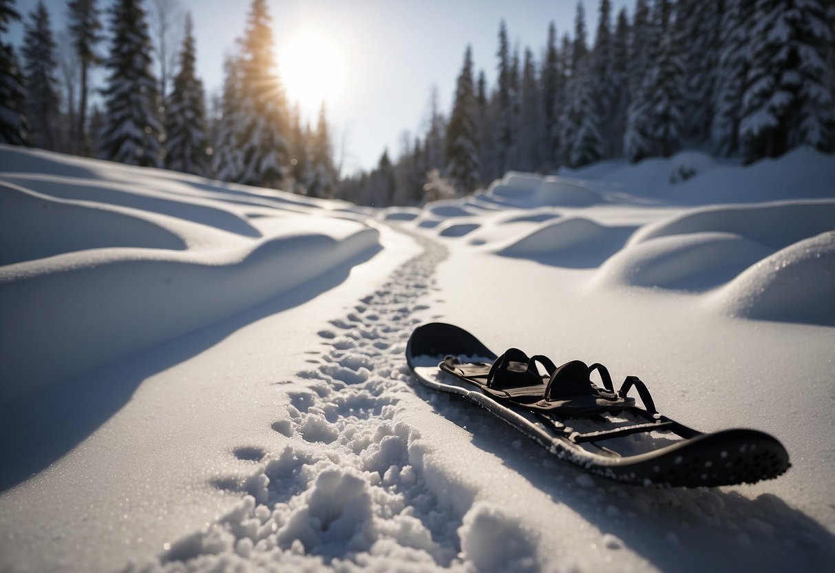 Fresh snow covers the ground, with visible texture and depth. Snowshoes are strapped to a pair of boots, ready for use. A trail marker is visible in the distance, indicating a safe path