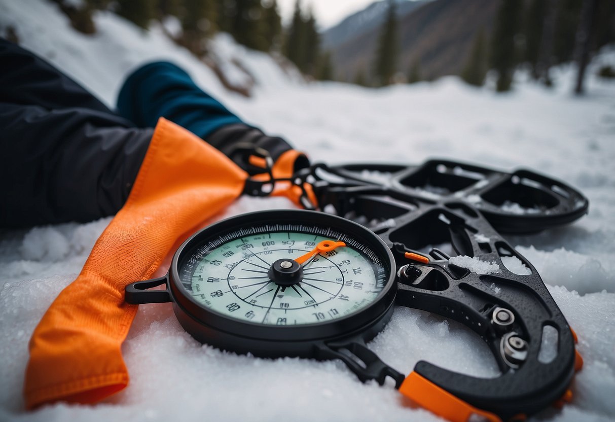 Snowshoes on snowy trail, first aid kit nearby. Map and compass in hand. Emergency whistle around neck. Safety checklist visible