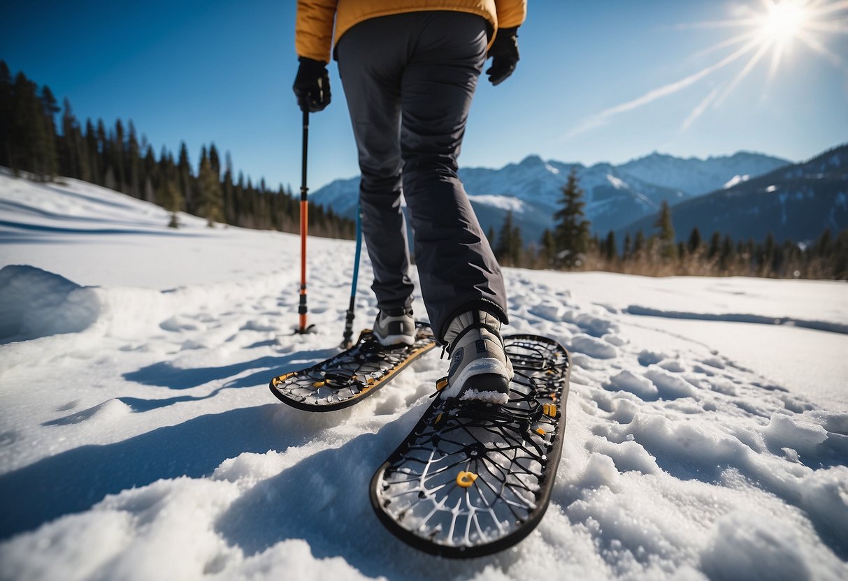 Snowshoes on snowy trail, map in hand. Trees and mountains in background. Blue sky, sunshine