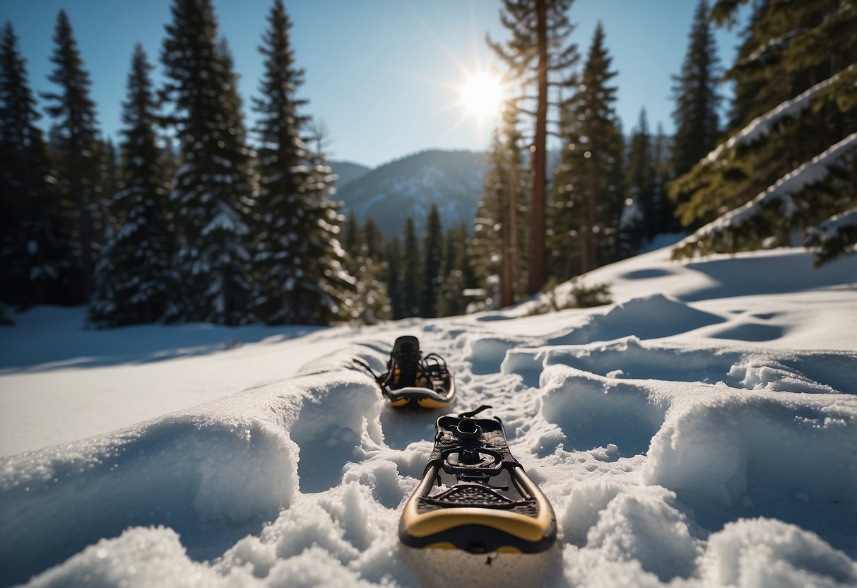 Snowshoes on snowy trail with animal tracks, surrounded by pine trees and wildlife. Snow-capped mountains in distance, clear blue sky overhead