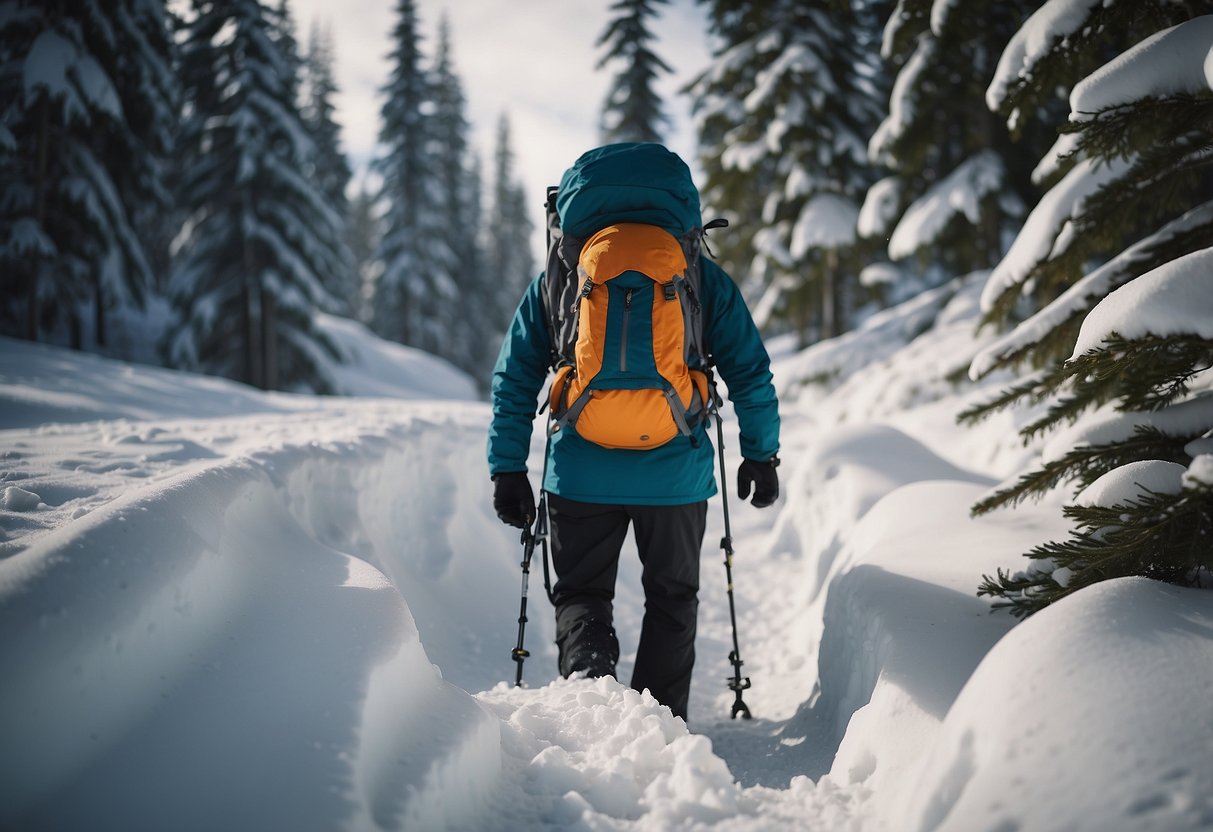 A snowshoer carefully packs a backpack with water bottles and energy bars for a day on the snowy trail