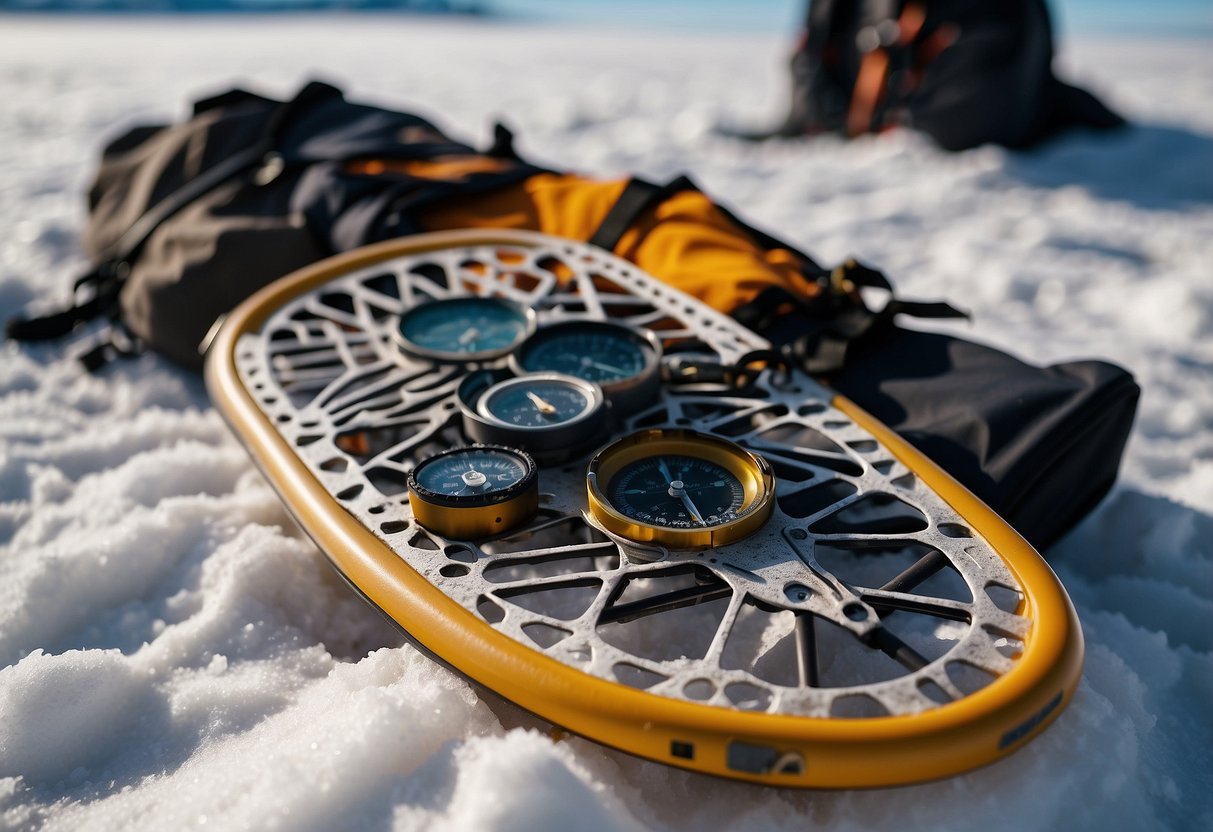 Snowshoes laid out on snow, with a backpack containing safety gear. A map and compass nearby, and a checklist of essential skills