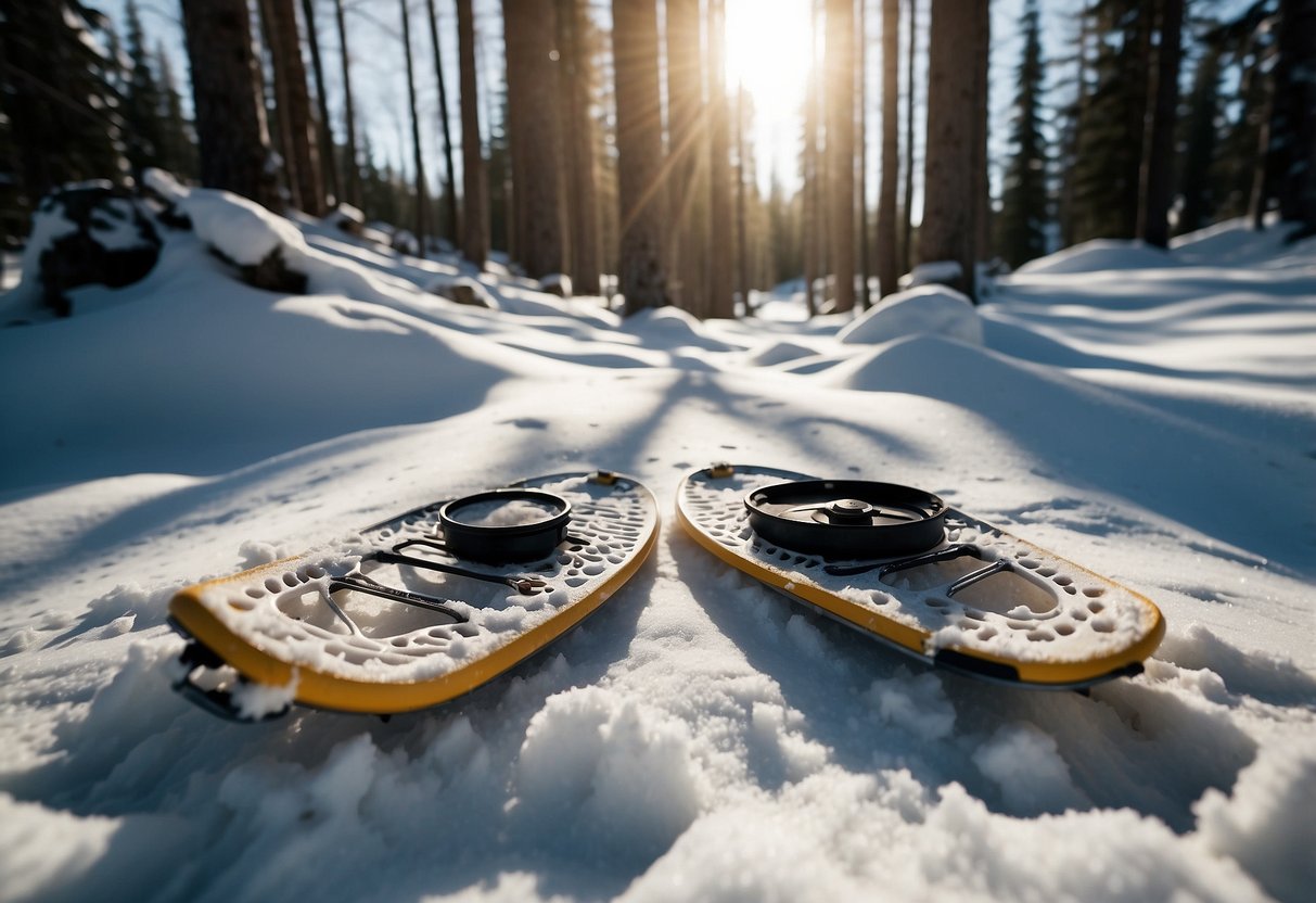 Snowshoes laid out with map, compass, and GPS. Snow-covered landscape with trees and a clear trail. Sunlight filtering through the clouds