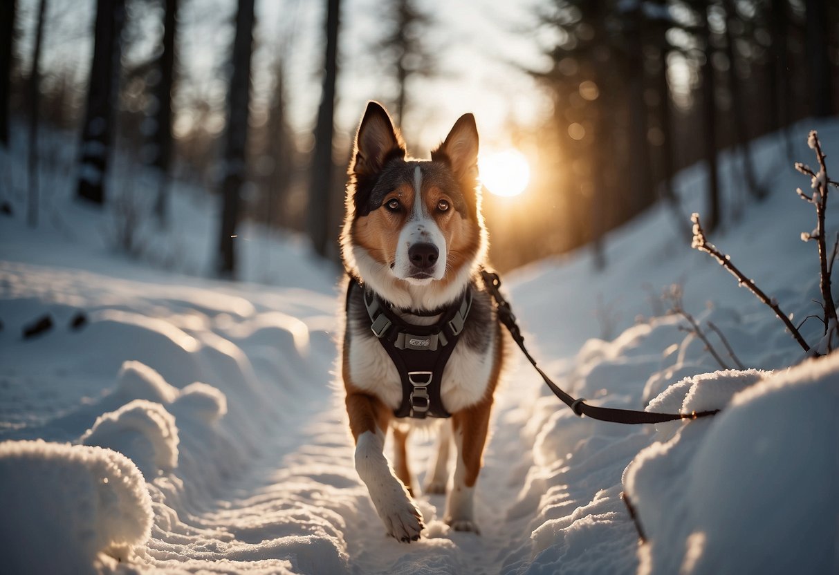 A dog wearing a harness and snowshoes follows its owner through a snowy forest. The sun is setting, casting a warm glow on the white landscape