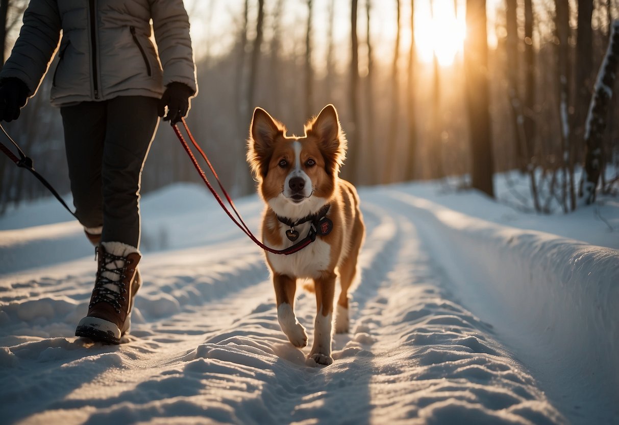 A dog wearing snowshoes walks on a snowy trail with a leash attached to its owner's waist. The sun is setting, casting a warm glow on the snow-covered trees