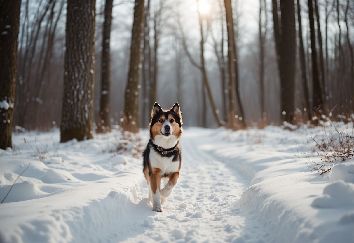 A snowy trail winds through a forest, with paw prints and snowshoe tracks marking the path. Trees are dusted with snow, and a pet dog happily bounds ahead