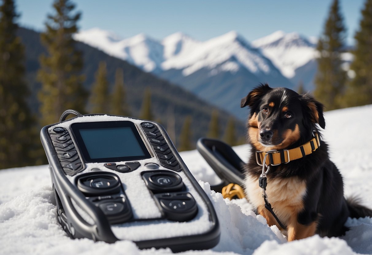 Snowshoes and a dog leash lie next to a weather app showing snow and wind icons. Trees and snow-covered mountains are visible in the background