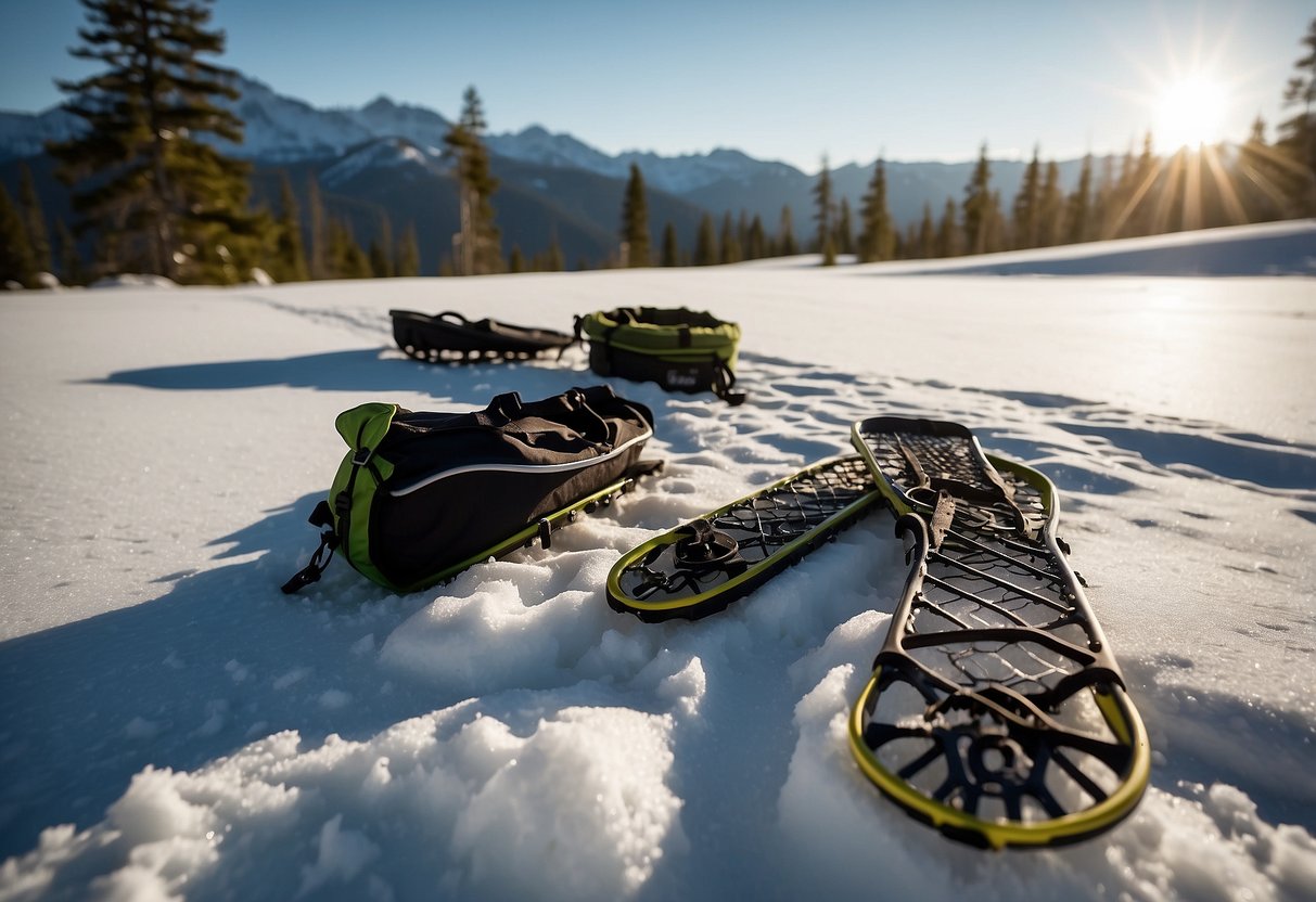 Snowshoes, leashes, and pet packs laid out on snowy ground with a mountain backdrop. Snowshoe tracks lead into the distance