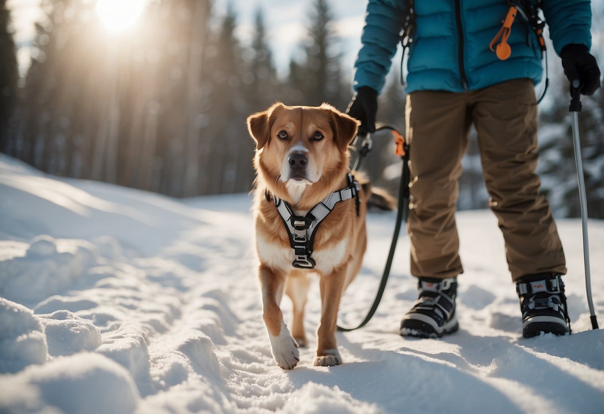 A dog wearing a harness and a leash stands next to a person with snowshoes on a snowy trail. The dog looks alert and excited, while the person holds a water bottle and a bag of treats