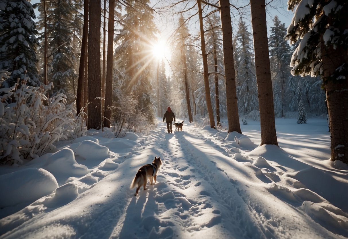 Snowshoers and their pets follow marked trails in a snowy forest. The sun shines through the trees, casting long shadows on the pristine snow