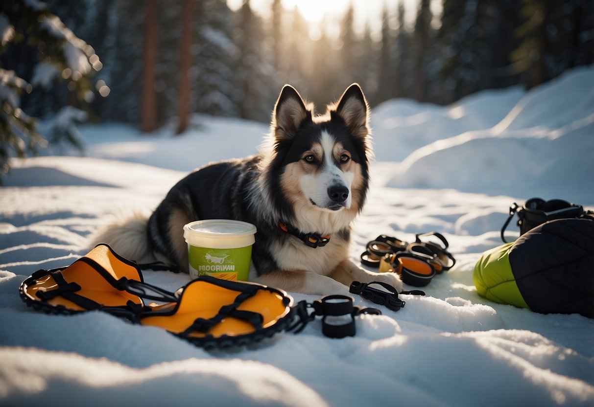 A dog and owner gather snowshoes, leashes, and supplies. They check the weather and pack snacks for their adventure