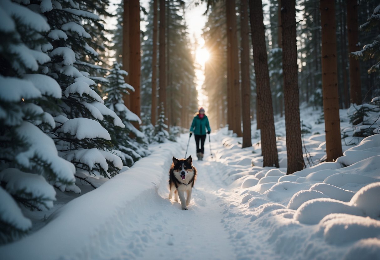 Snowshoes strapped on, a person walks with a leashed pet through a snowy forest. Clear trail markers guide the way, while the pet eagerly explores the winter wonderland