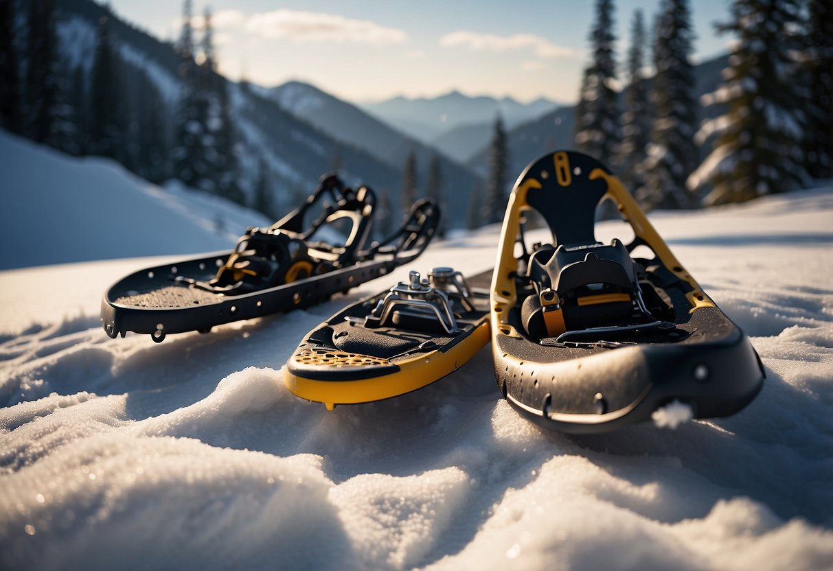 Snowshoes and multi-tools laid out on snowy terrain with a backdrop of snow-covered trees and mountains