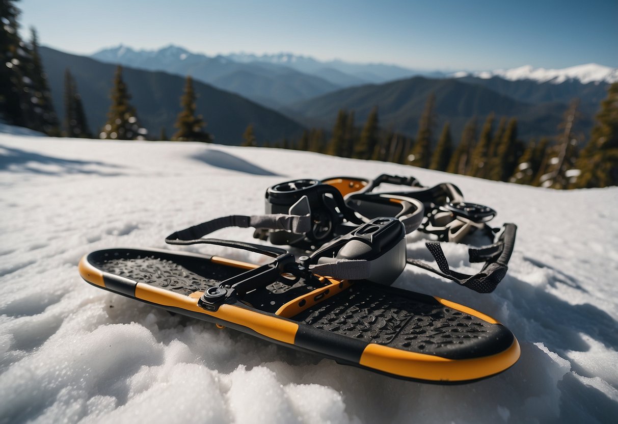 A snowy mountain trail with a pair of snowshoes and the Gerber Truss 5 multi-tool laid out on a flat rock. Snow-capped peaks in the background