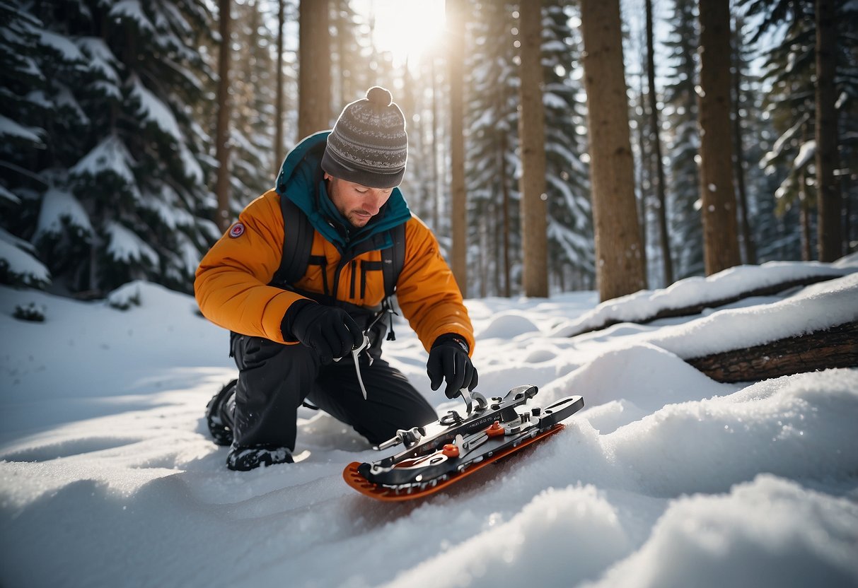 A snowshoer uses Victorinox SwissTool to adjust bindings in snowy forest. Multi-tool includes pliers, screwdrivers, and saw