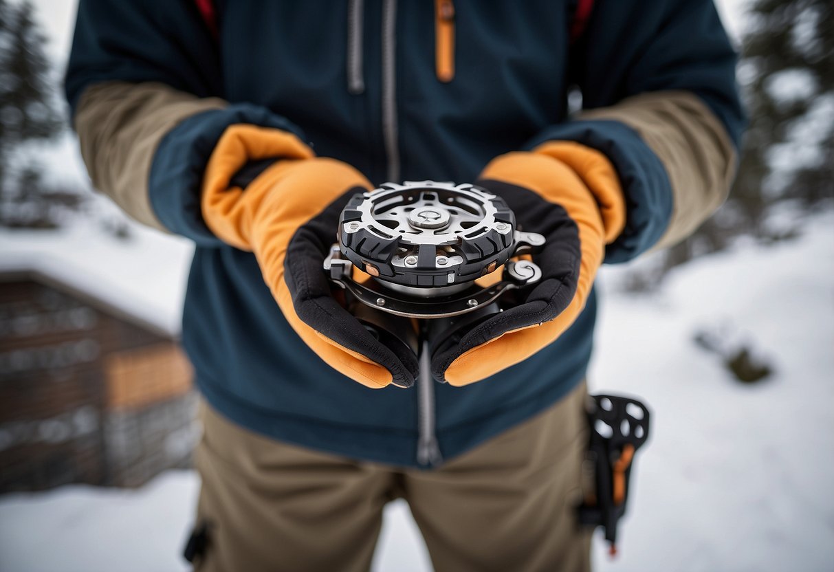 A snowshoer holds a multi-tool, featuring a durable construction, compact size, various functions, and easy accessibility for outdoor use