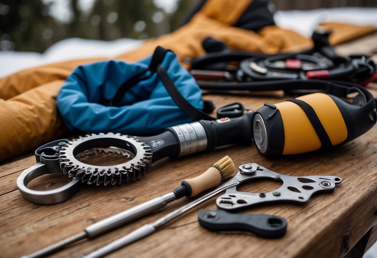 A snowshoer's multi-tool laid out on a wooden table, surrounded by snowshoeing gear. A small brush and oil bottle sit next to the tool, ready for maintenance