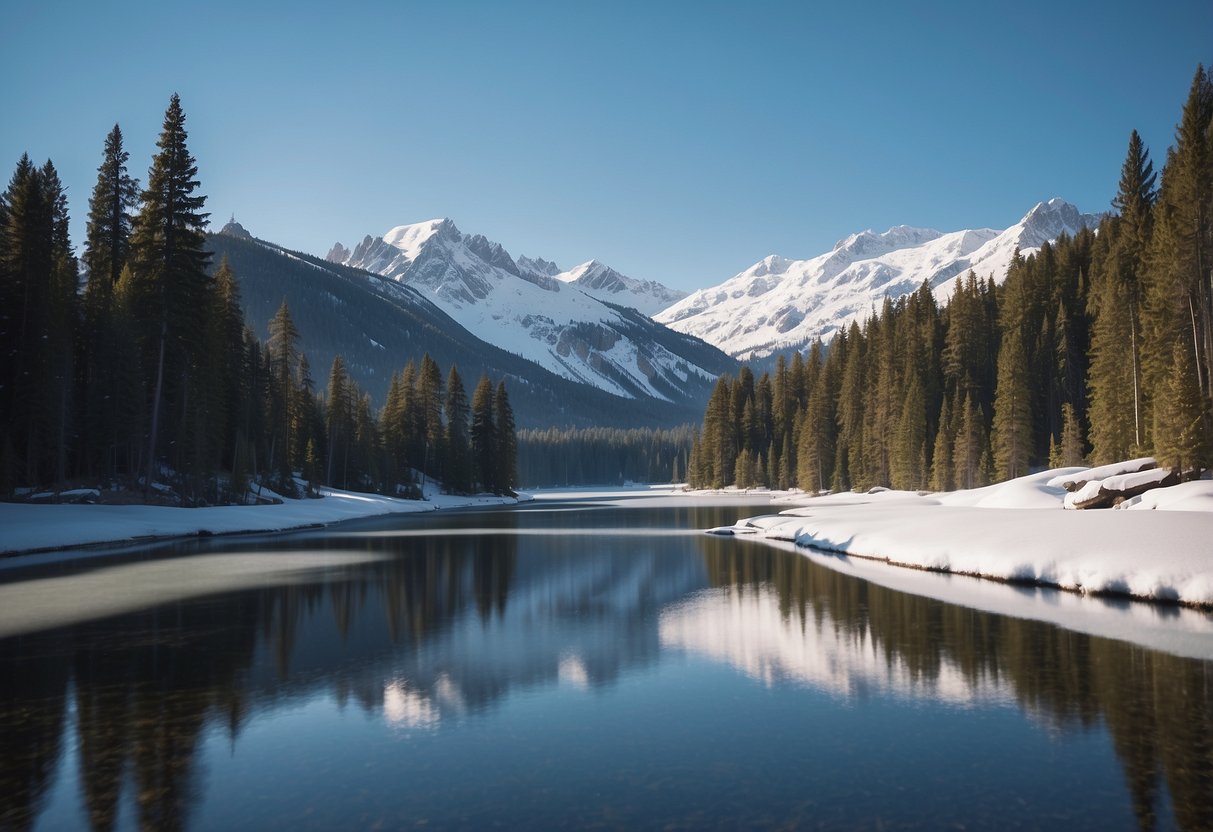 Snow-covered mountains with winding trails, tall pine trees, and a clear blue sky. A serene frozen lake in the distance, surrounded by untouched snow