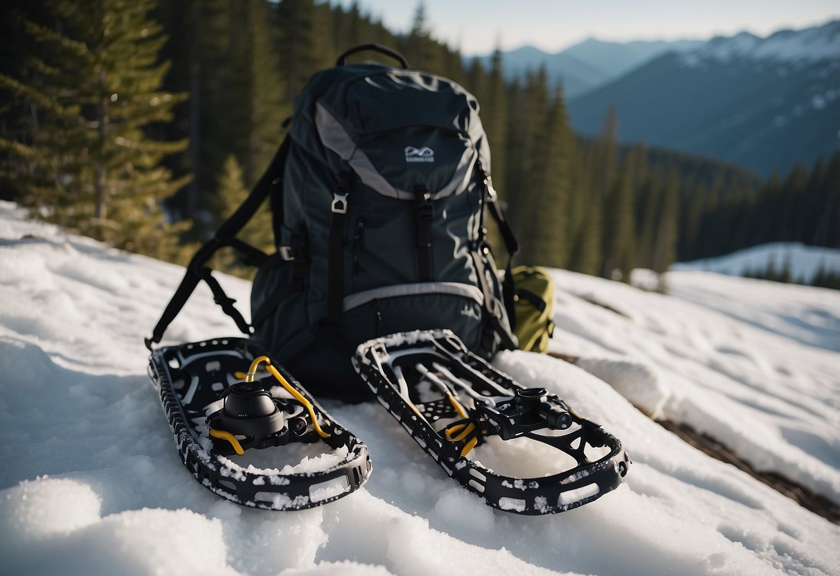 A pair of snowshoes, trekking poles, and a backpack laid out on the snow. A snowy trail winds through a forest with snow-capped mountains in the background