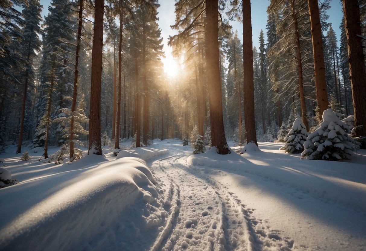 A snowy forest trail winds through tall pine trees, with snowshoe tracks leading the way. The sun glistens off the powdery snow, creating a serene and peaceful winter scene