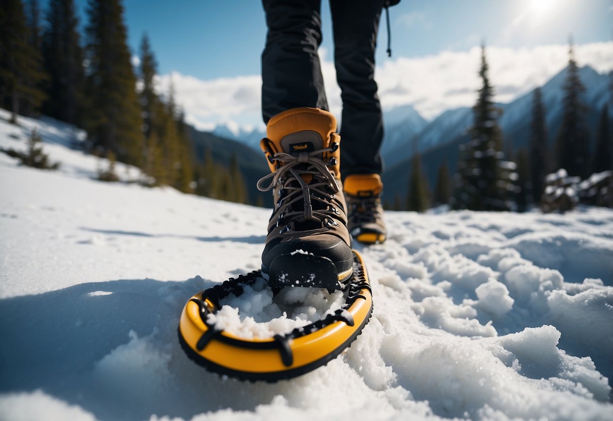 Snowshoes on snowy trail, with hiker's boots visible. Tips for blister prevention written in the snow. Forest and mountains in the background