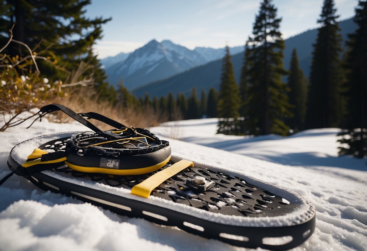 Snowshoes on snowy trail, tape applied to prevent blisters. Trees and mountains in background