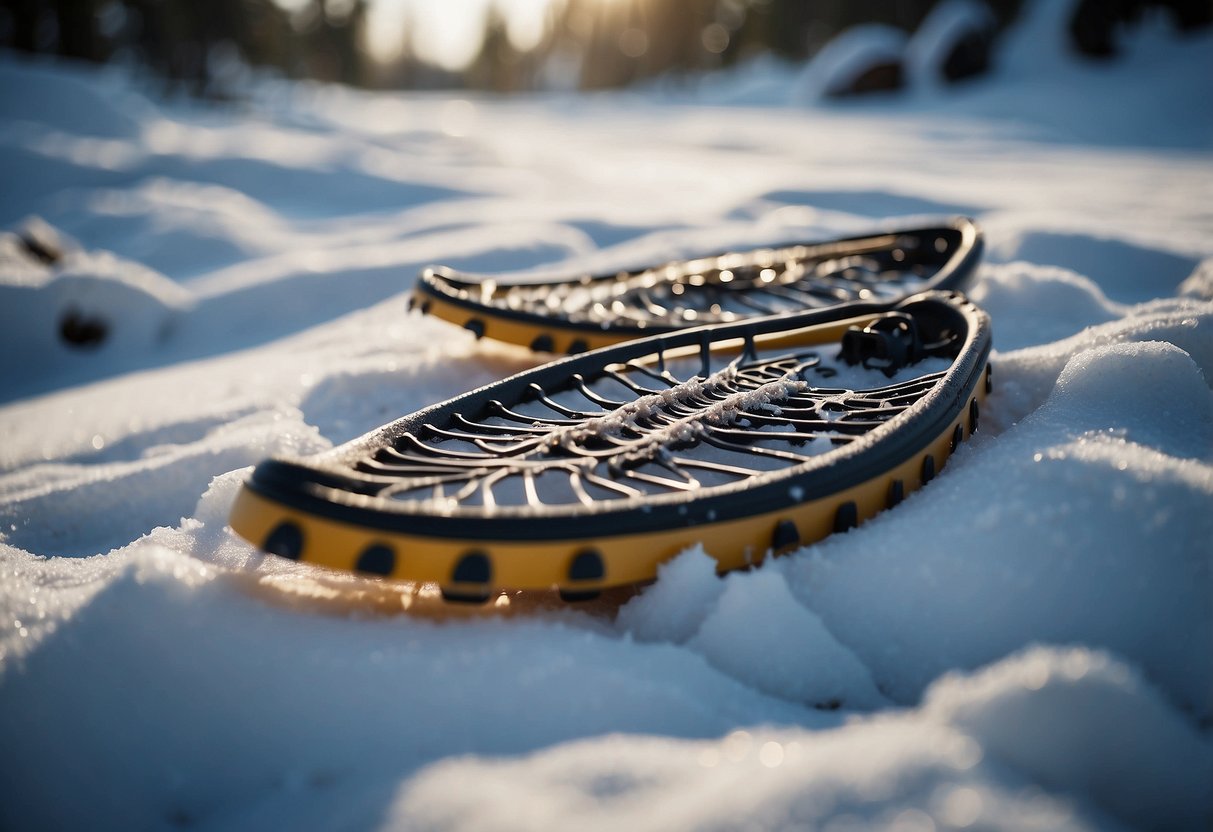 Snowshoes on snowy trail, avoiding wet spots