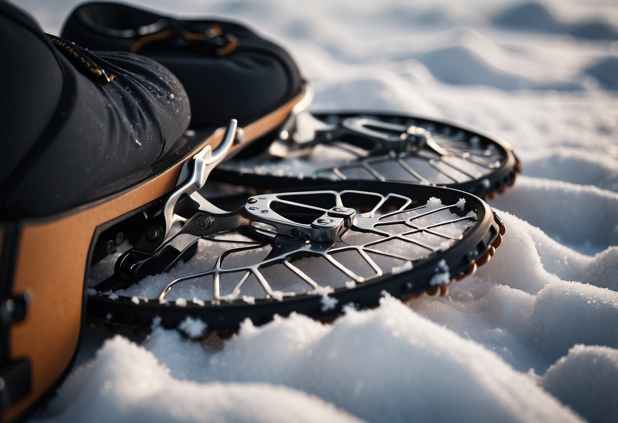 A pair of snowshoes on a snowy trail, with a set of toenail clippers nearby