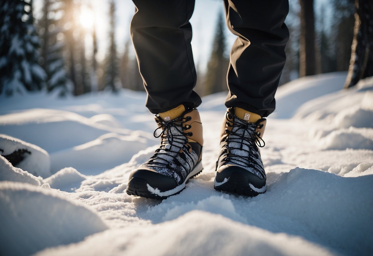 Snowshoes on snowy trail, person changing socks. Snow-covered trees in background