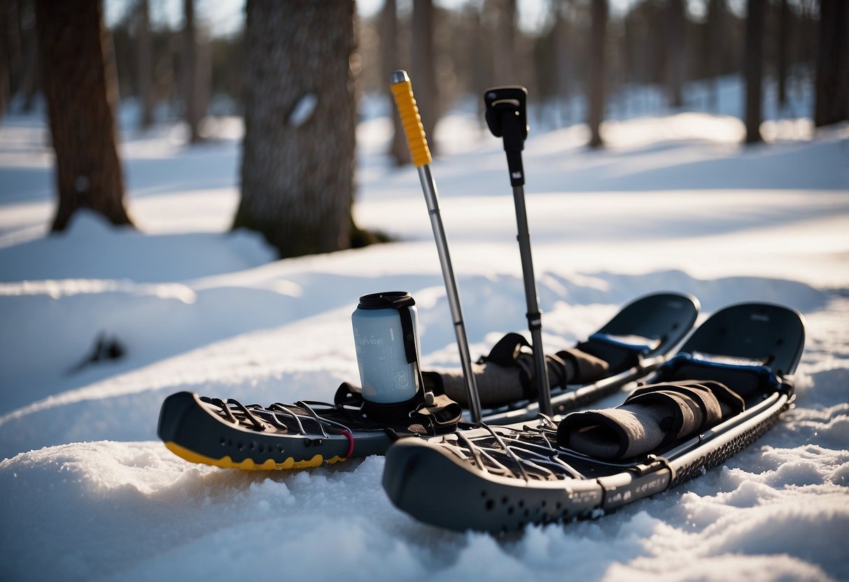 Snowshoes and gear arranged neatly on a snowy trail. A pair of boots with thick socks and blister prevention items nearby. Snowshoeing poles leaning against a tree