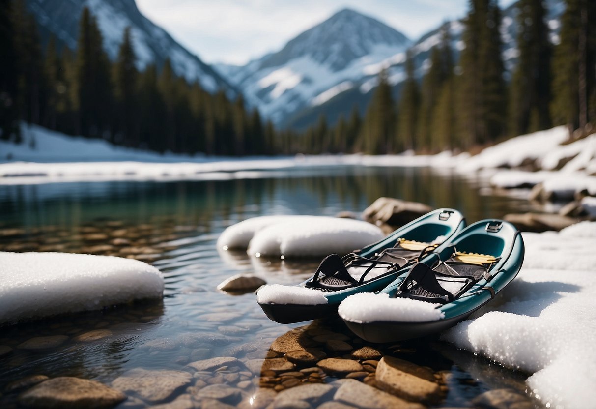 Snowshoes near pristine mountain stream, snow-covered lake, flowing river, melting glacier, and fresh snowfall