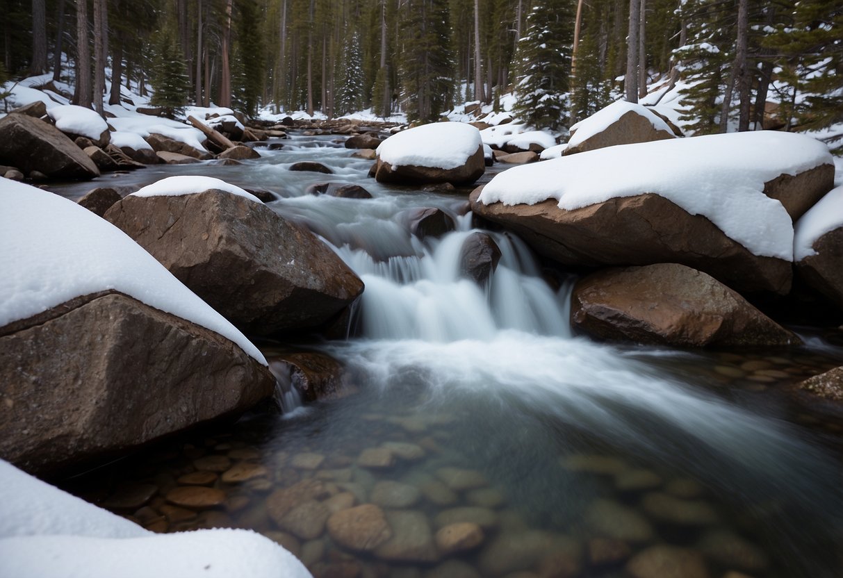 Snowmelt rushes down rocky slopes, feeding crystal-clear streams in Rocky Mountain National Park. Snowshoers can find pure, refreshing water sources along their scenic winter trails