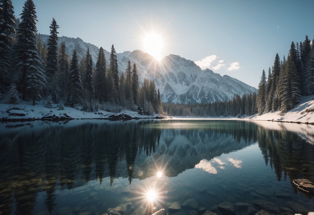 Snow-capped mountains overlook crystal-clear lakes. Snowshoers trek along the icy shores, surrounded by towering pine trees. Sunlight glistens on the frozen water, creating a serene winter scene