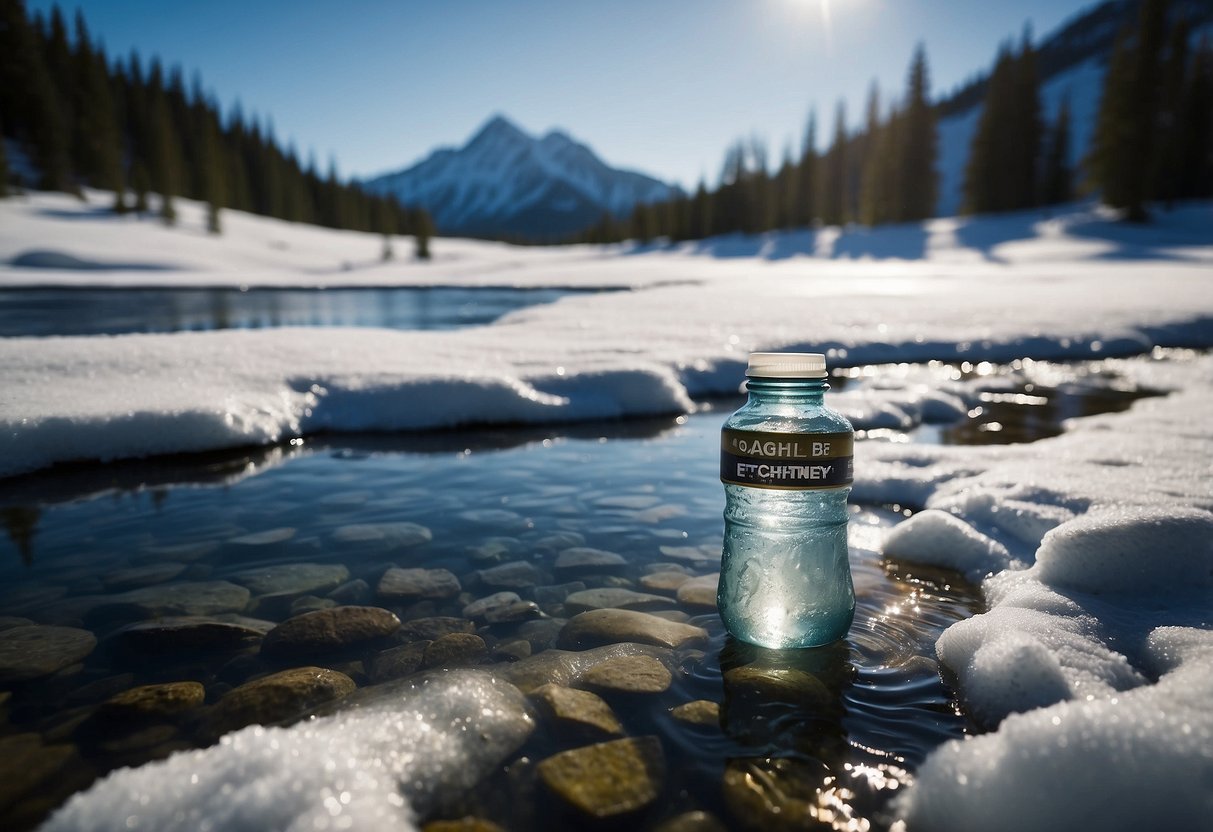 A snowshoeing scene with a clear mountain stream, a melting snowbank, a water bottle being filled, a hydration bladder, and a snowmelt pond