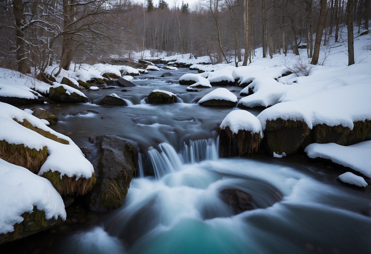 Snow-covered landscape with a flowing stream, a clear mountain spring, a frozen lake, a bubbling brook, and a freshwater well