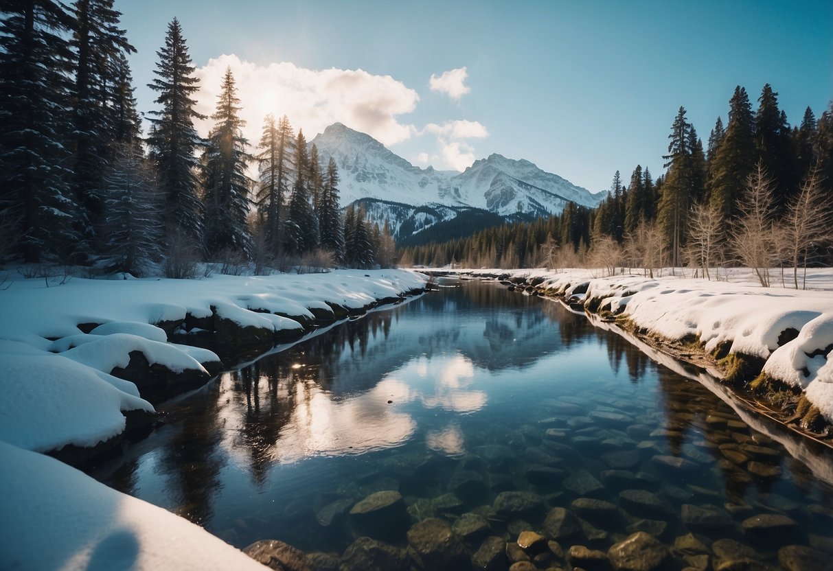 A snow-covered mountain landscape with a flowing river, a melting snowbank, a natural spring, a freshwater lake, and a water purification system