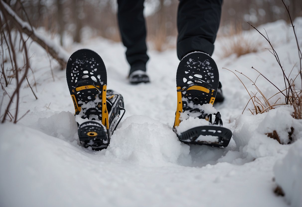 Snowshoes on snowy trail, minimal impact. No litter, trampled vegetation. Wildlife undisturbed. Leave only footprints