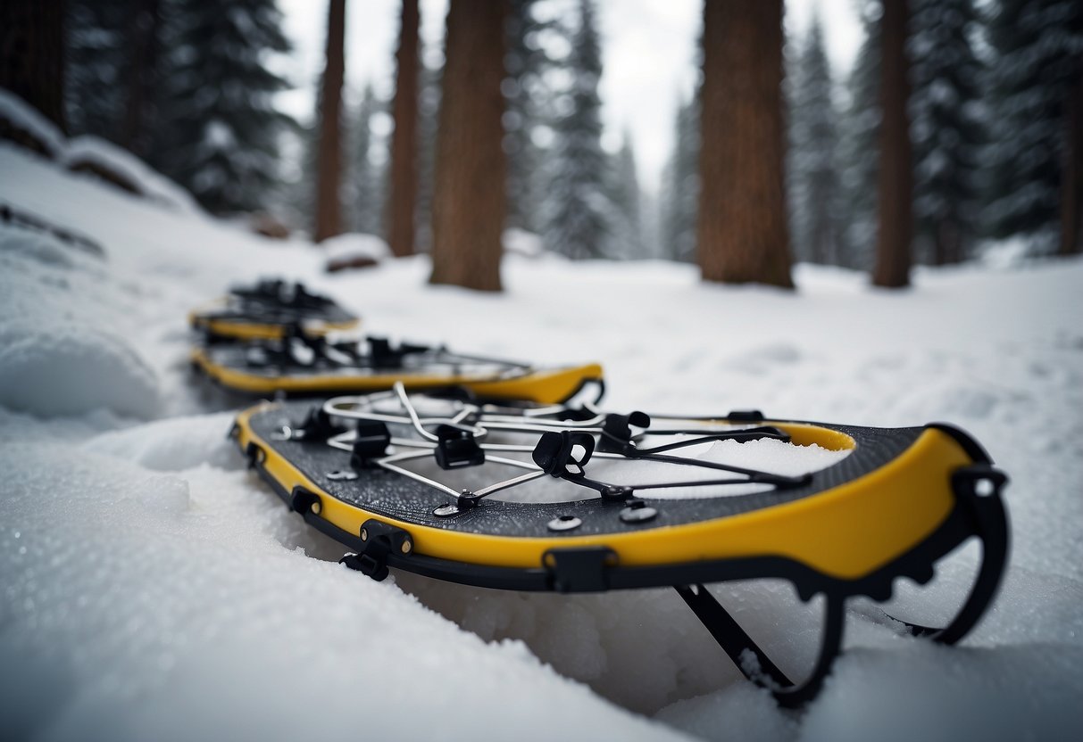 Snowshoes on untouched snow, surrounded by trees and rocks. No human or animal tracks. Leave no trace principles in action