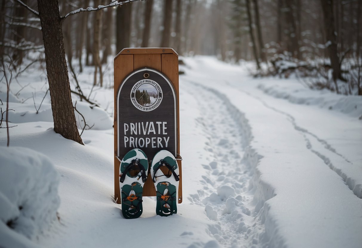 Snowshoes on snowy trail, passing by "Respect Private Property" sign. No footprints off trail. Wildlife undisturbed