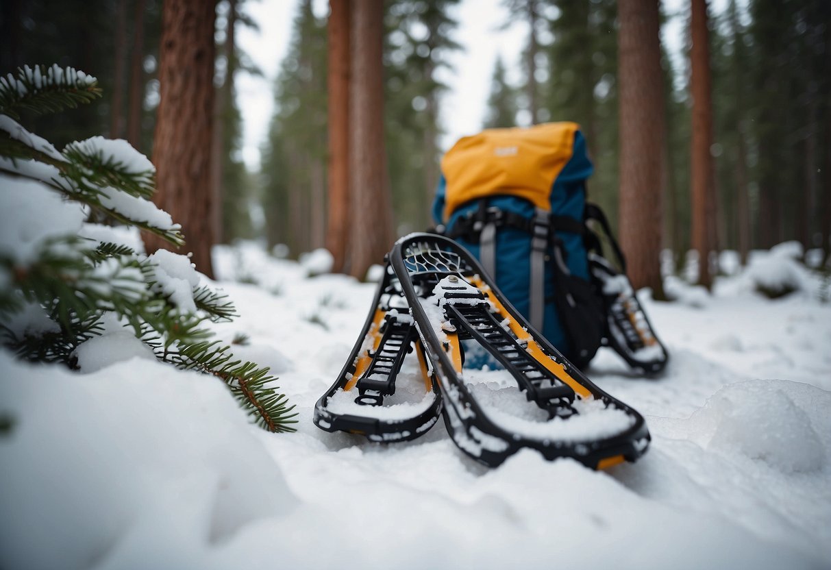 Snowshoes on snowy trail, surrounded by pine trees. Reusable water bottles placed in backpack. No litter or footprints left behind