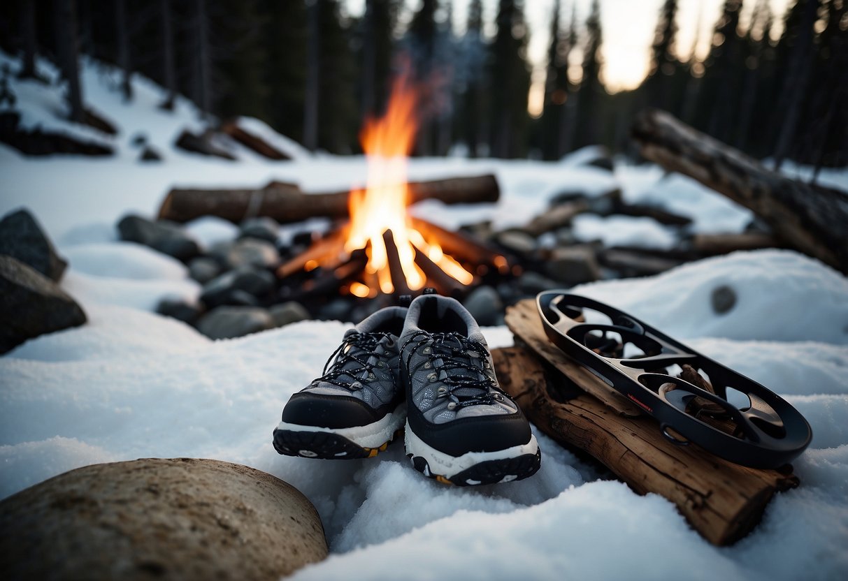 Snowshoes and gear scattered around a small campfire, surrounded by rocks and logs to minimize impact on the snow-covered ground